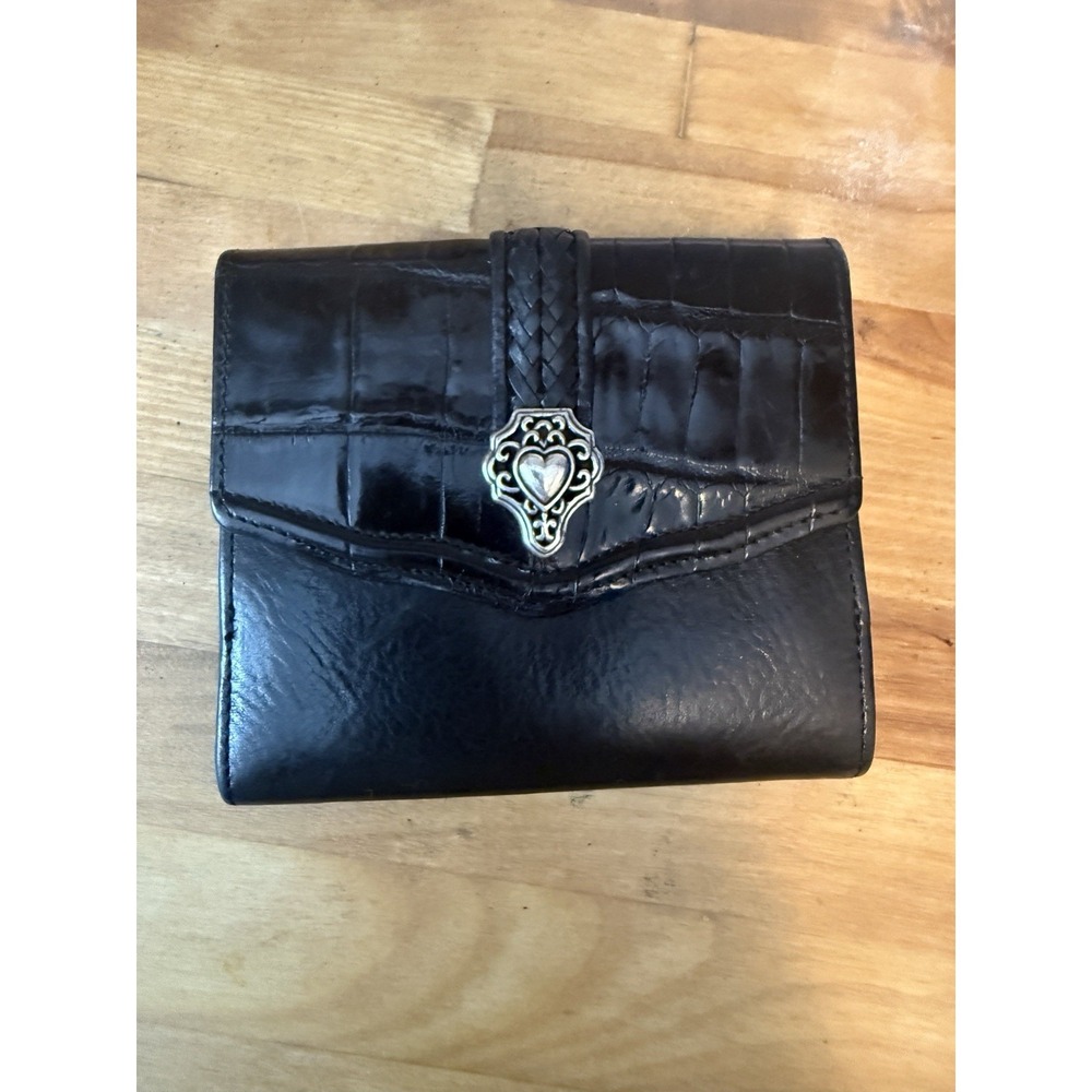 Brighton Black Leather Croc Embossed Organizer Wallet Heart Concho EUC